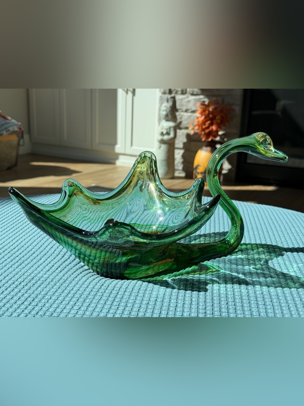 Vintage Green hand blown Glass Sooner Swan Bowl Decoration.